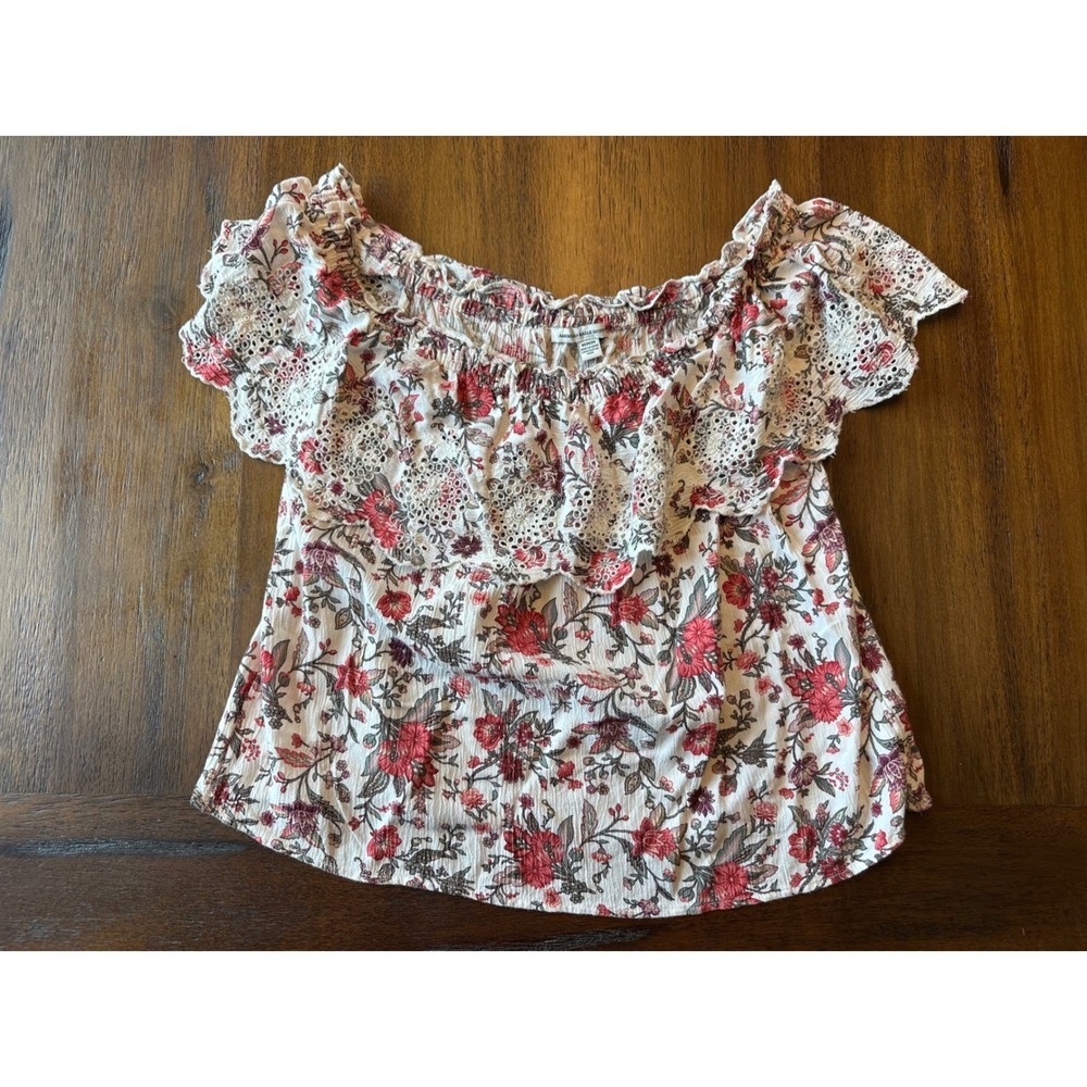 American Eagle Floral Eyelet Off The Shoulder Peasant Blouse Pink White Medium